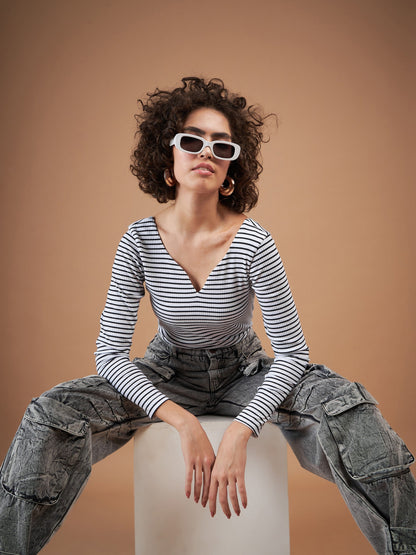 Black & White Striped Rib Sweetheart Neck Top