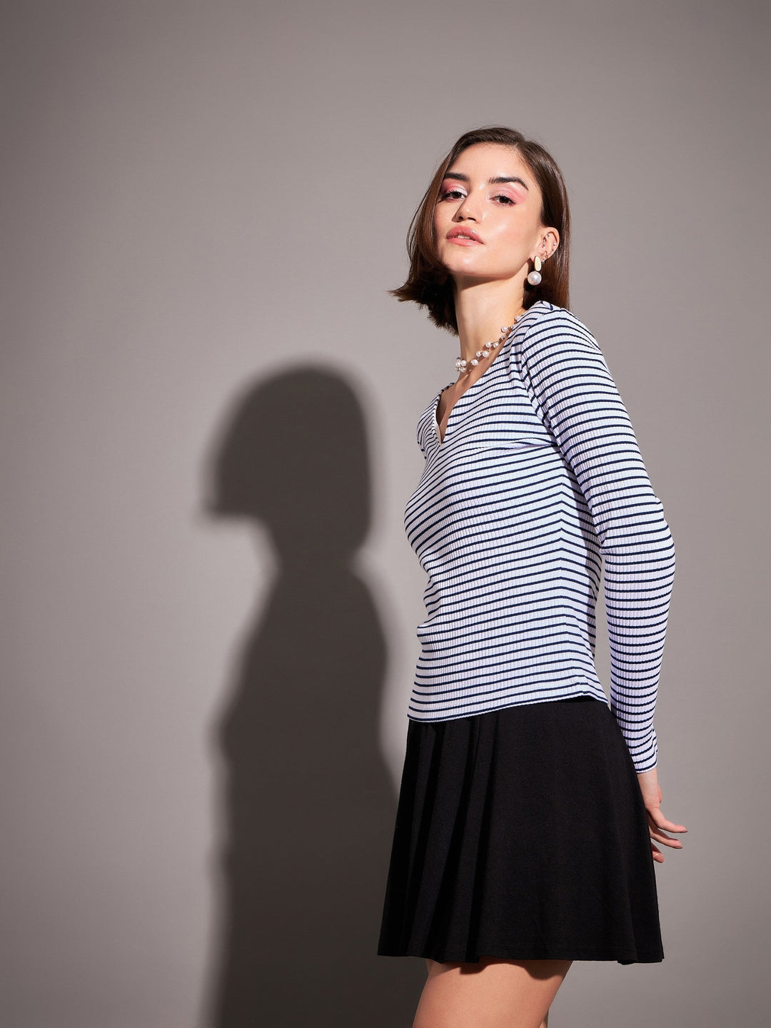 Women Navy &amp; White Striped Rib Sweetheart Neck Top