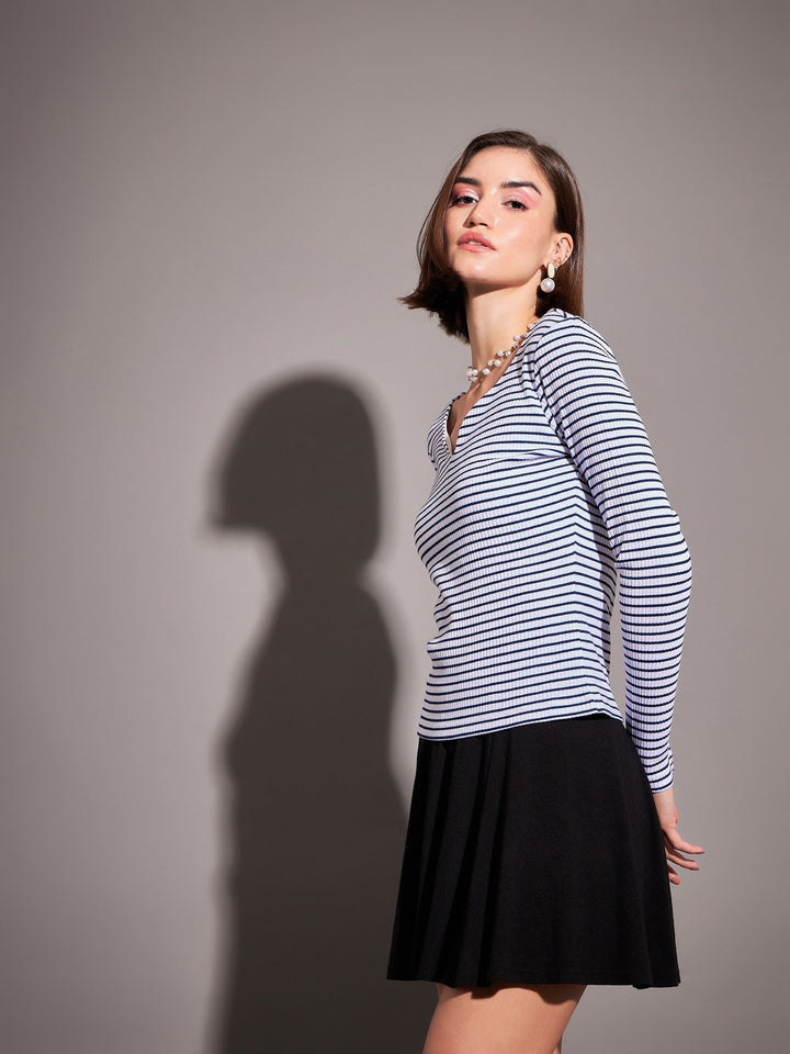 Women Navy &amp; White Striped Rib Sweetheart Neck Top