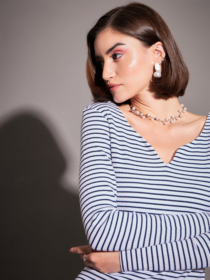 Women Navy &amp; White Striped Rib Sweetheart Neck Top