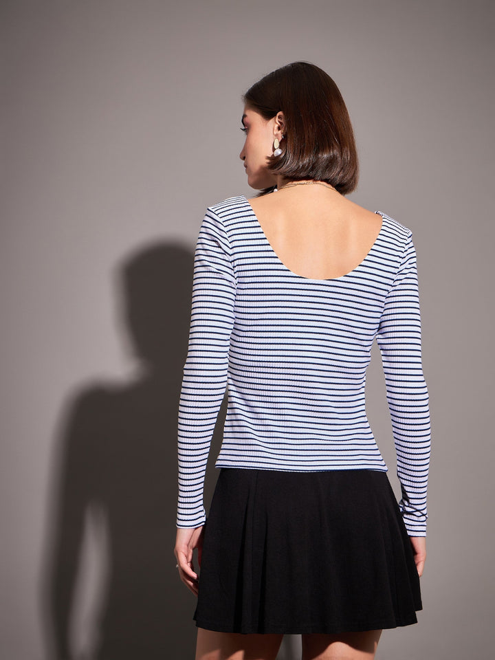 Women Navy &amp; White Striped Rib Sweetheart Neck Top