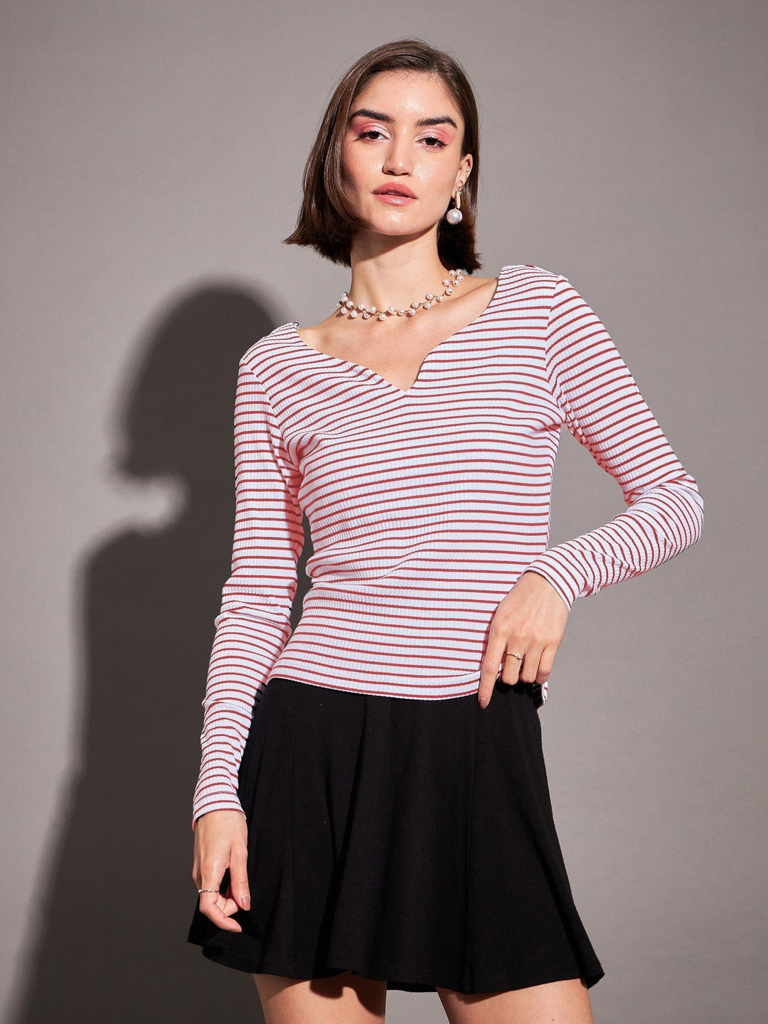Women Red &amp; White Striped Rib Sweetheart Neck Top