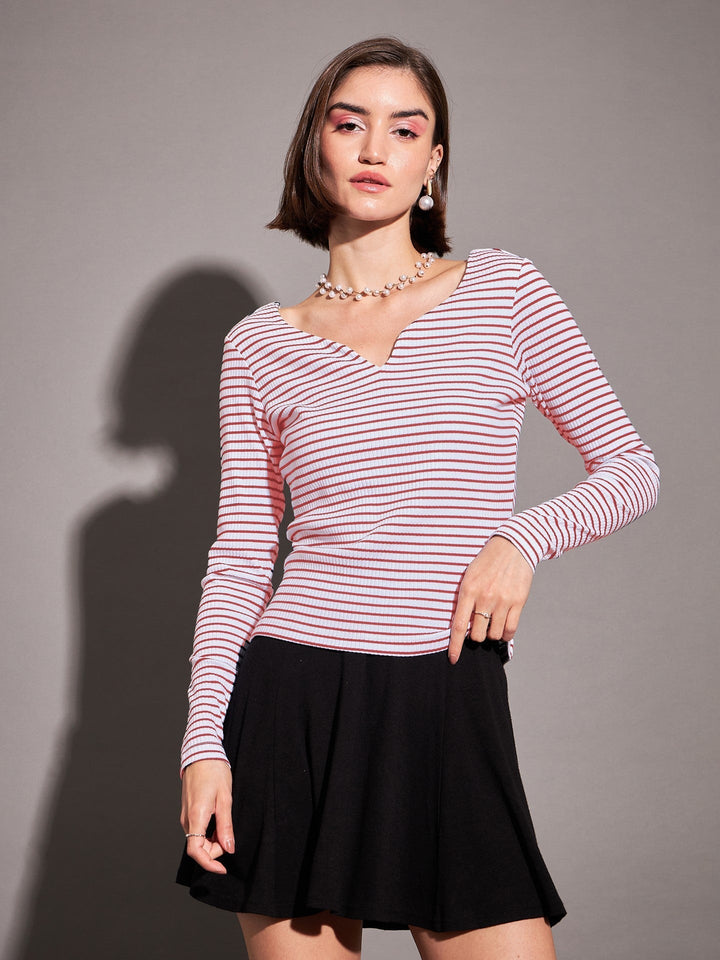 Women Red &amp; White Striped Rib Sweetheart Neck Top