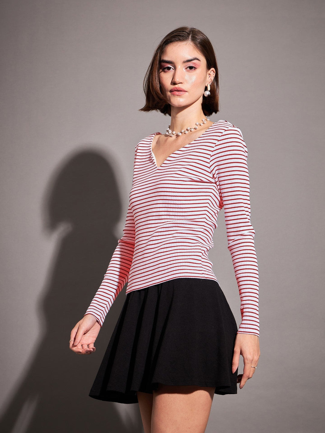 Women Red &amp; White Striped Rib Sweetheart Neck Top