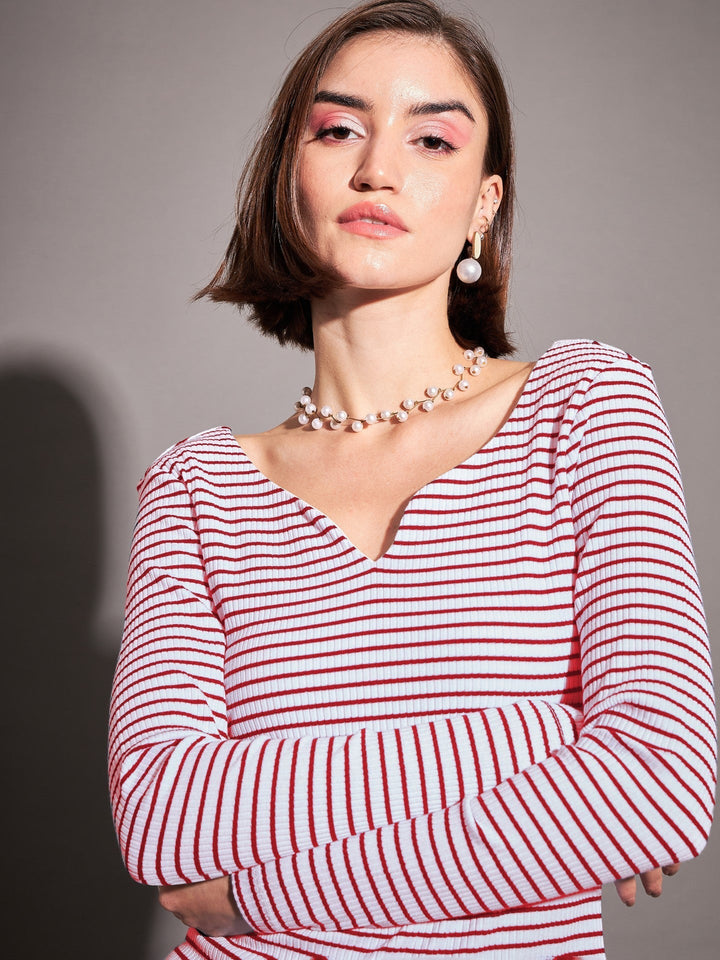 Women Red &amp; White Striped Rib Sweetheart Neck Top