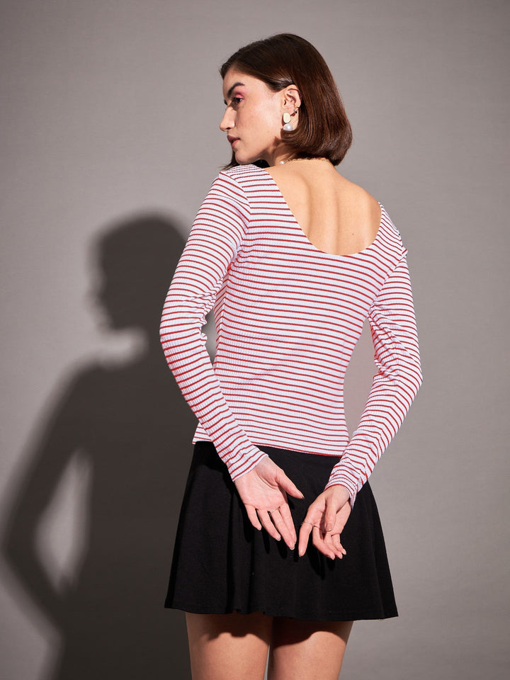 Women Red &amp; White Striped Rib Sweetheart Neck Top