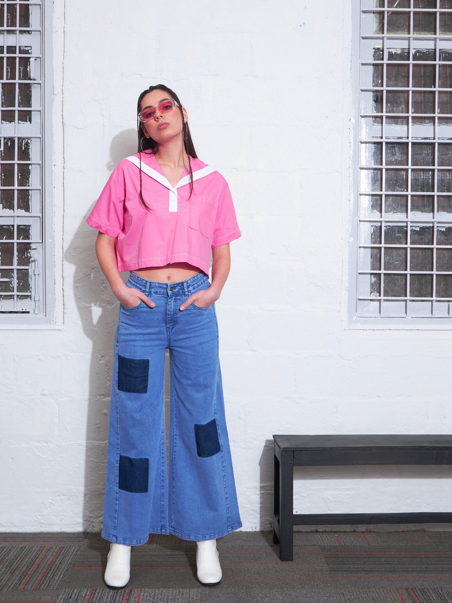 Pink Poplin Sailor Collar Crop Top