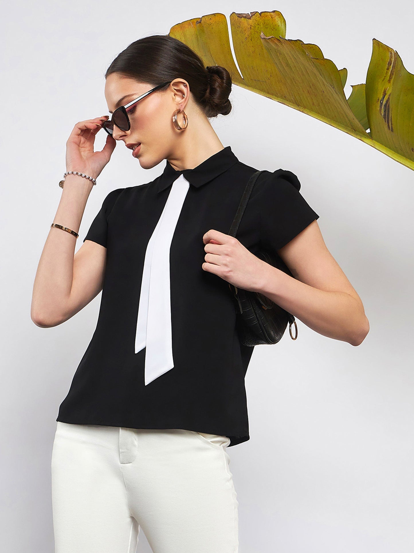 Black Neck Tie Detail Top
