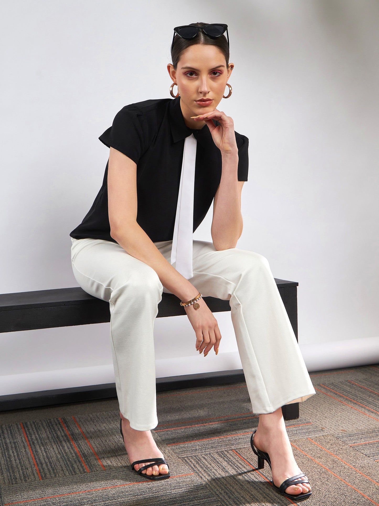 Black Neck Tie Detail Top