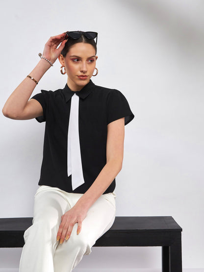 Black Neck Tie Detail Top
