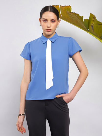 Dull Blue Neck Tie Detail Top