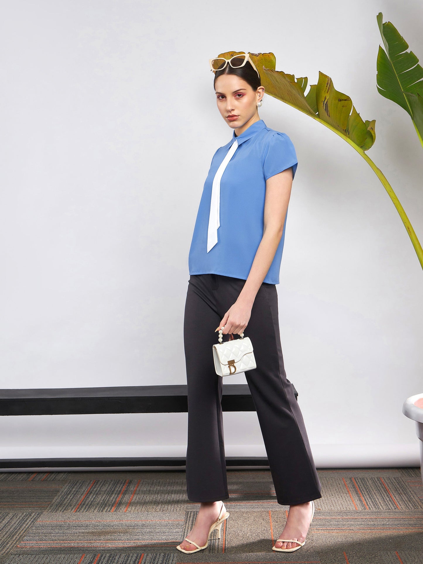 Dull Blue Neck Tie Detail Top