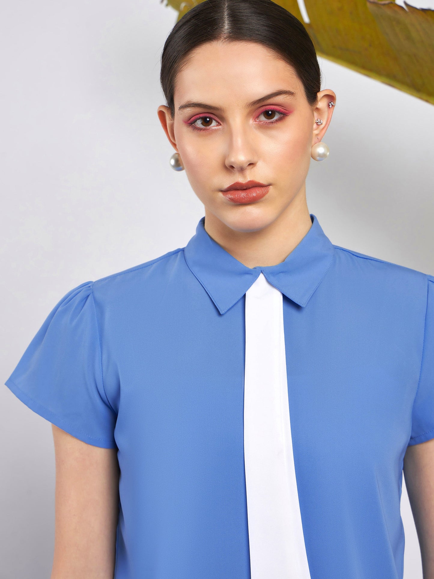 Dull Blue Neck Tie Detail Top