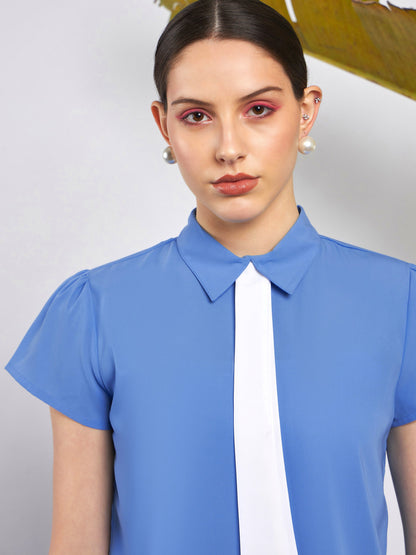 Dull Blue Neck Tie Detail Top