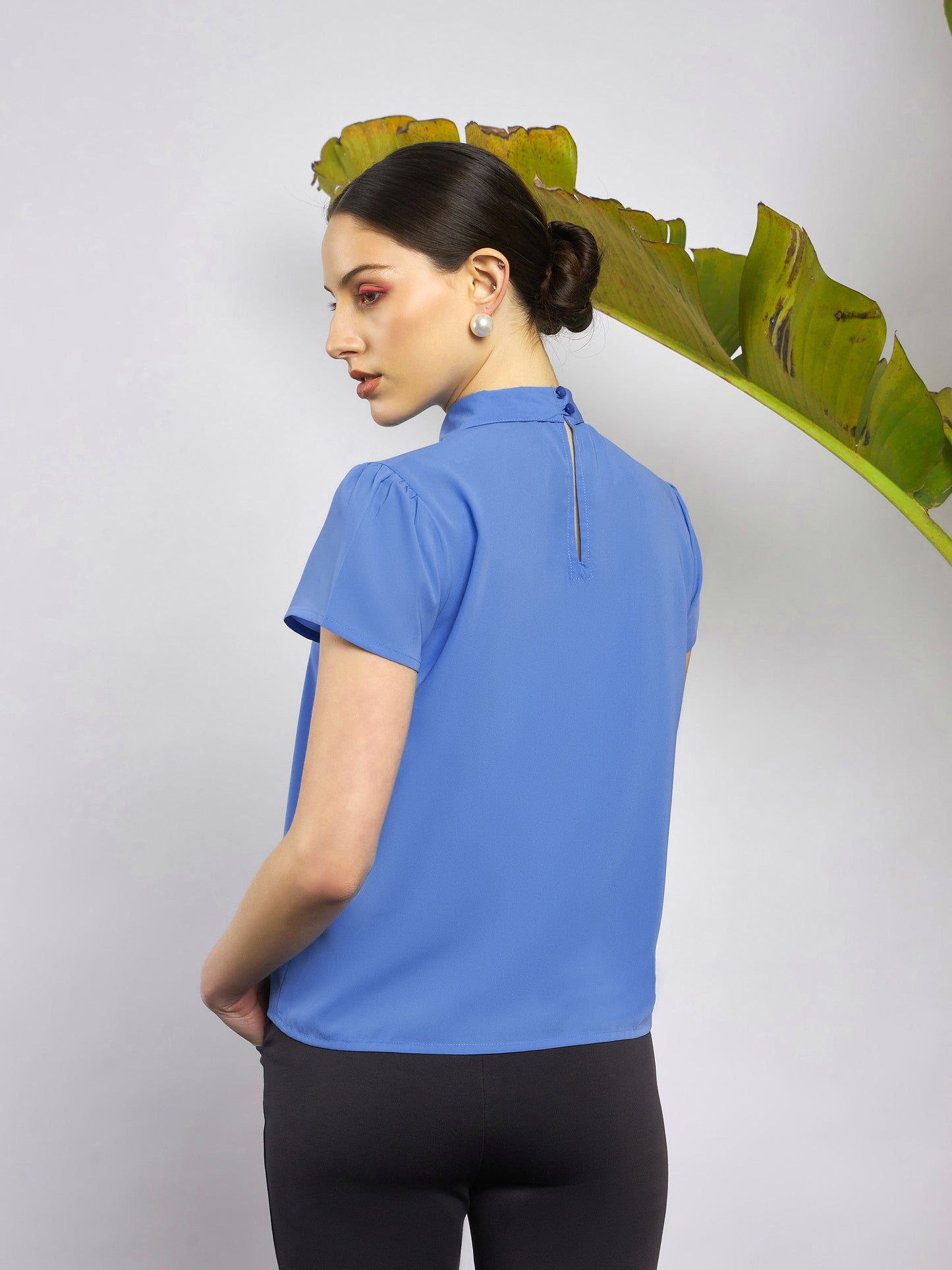 Dull Blue Neck Tie Detail Top