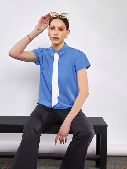 Dull Blue Neck Tie Detail Top