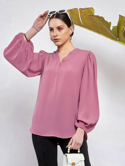 Pink Puff Sleeves V-Neck Blouse