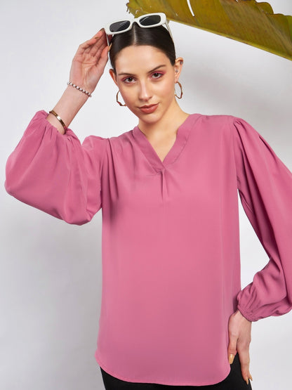 Pink Puff Sleeves V-Neck Blouse