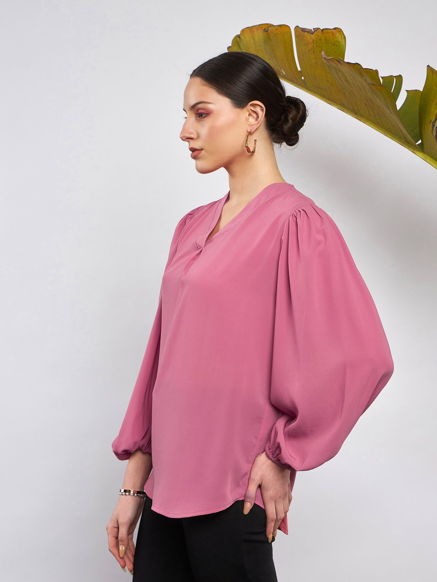 Pink Puff Sleeves V-Neck Blouse