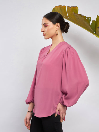 Pink Puff Sleeves V-Neck Blouse