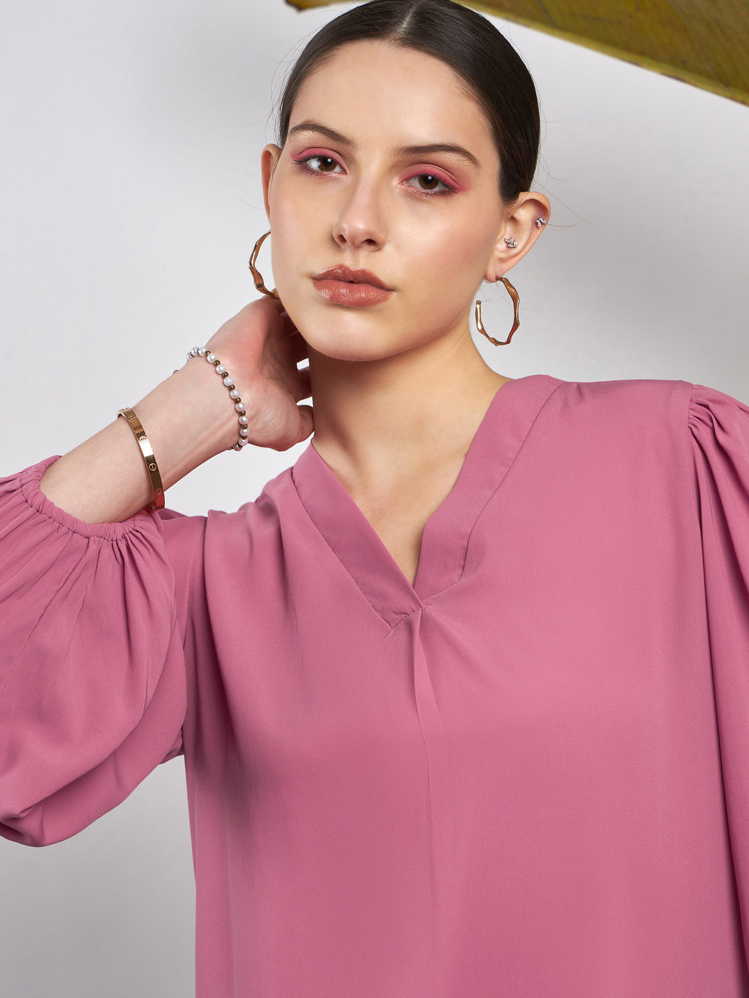 Pink Puff Sleeves V-Neck Blouse
