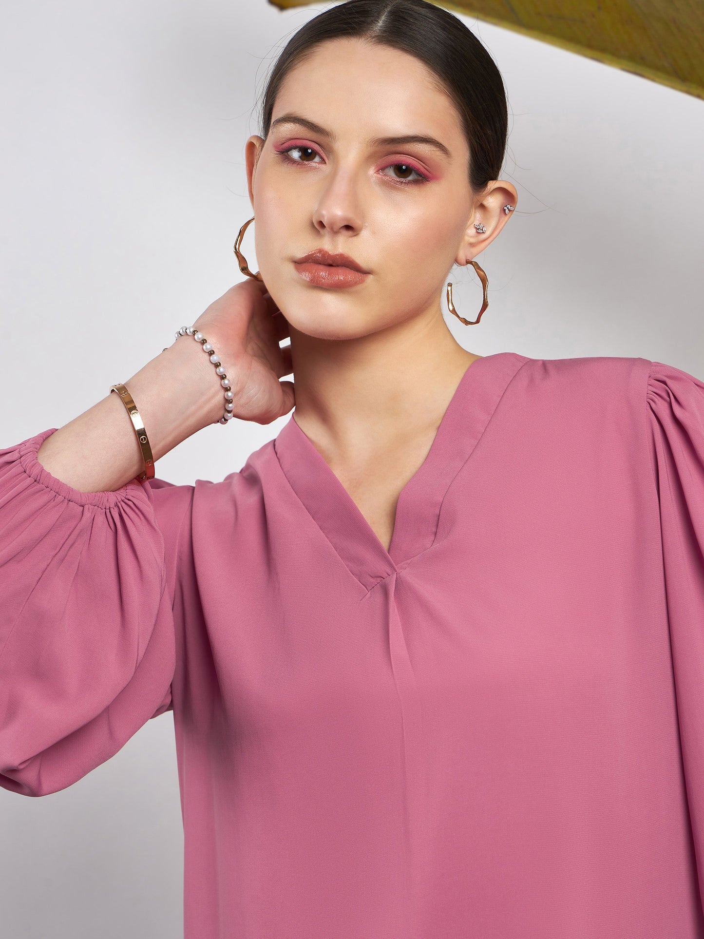 Pink Puff Sleeves V-Neck Blouse