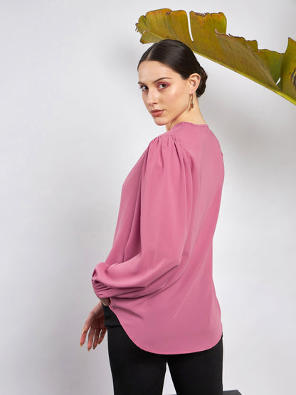 Pink Puff Sleeves V-Neck Blouse