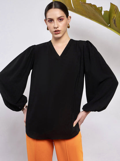 Black Puff Sleeves V-Neck Blouse