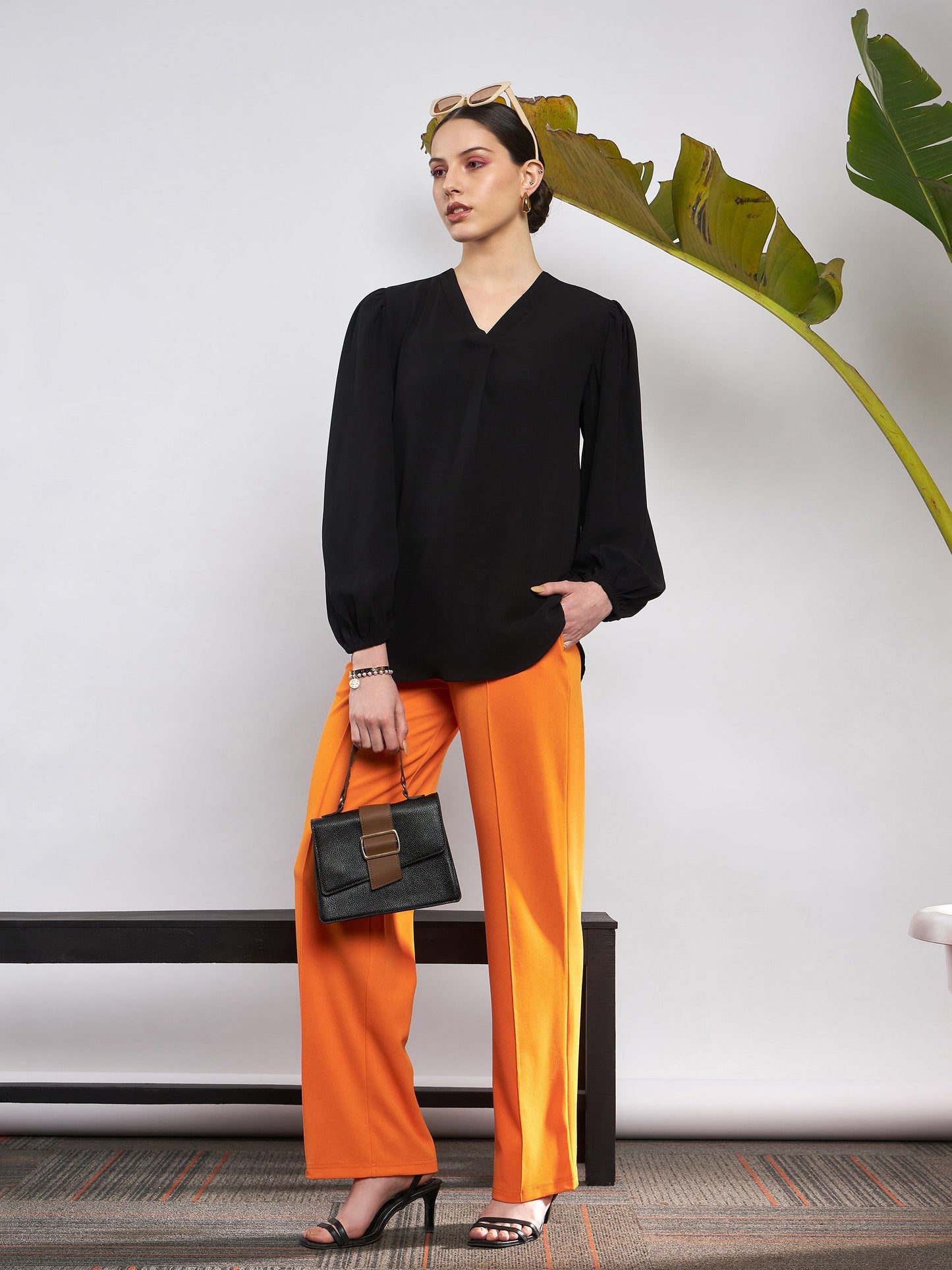 Black Puff Sleeves V-Neck Blouse