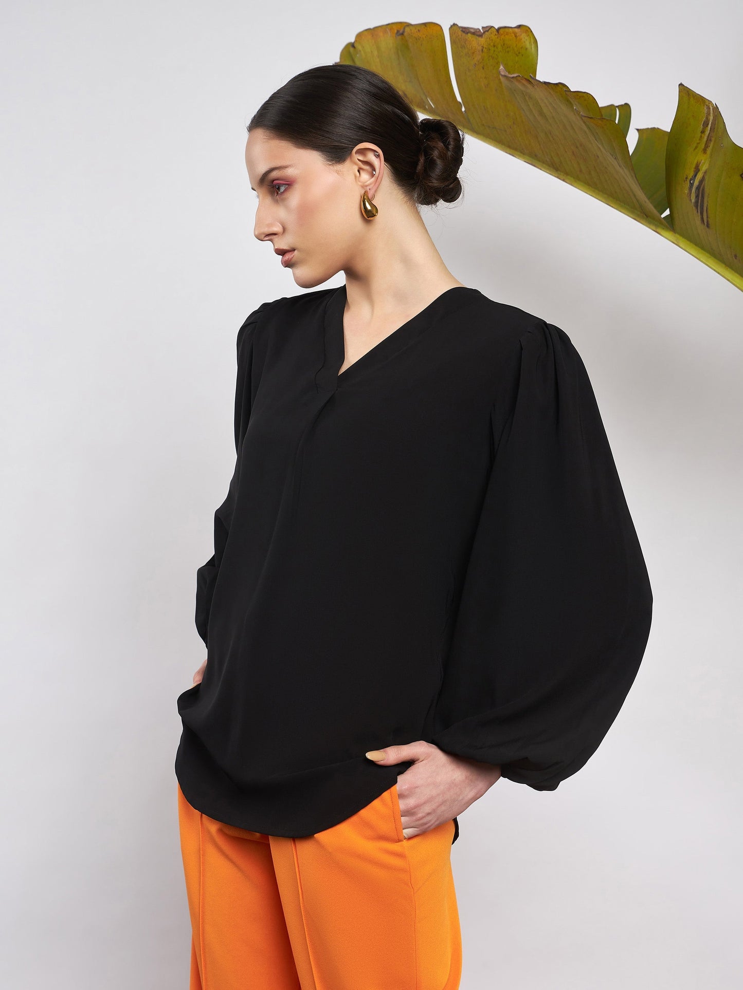 Black Puff Sleeves V-Neck Blouse