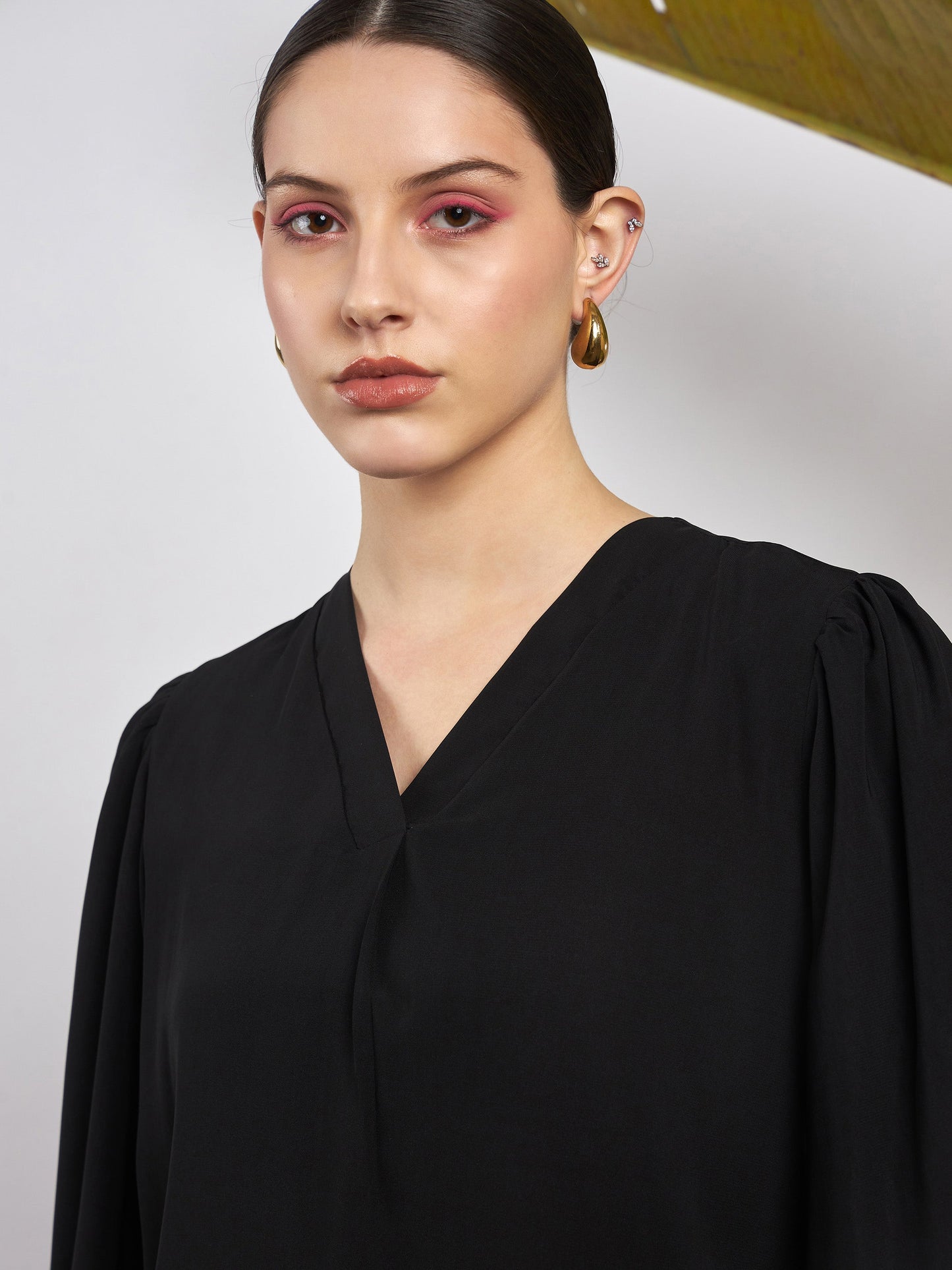 Black Puff Sleeves V-Neck Blouse