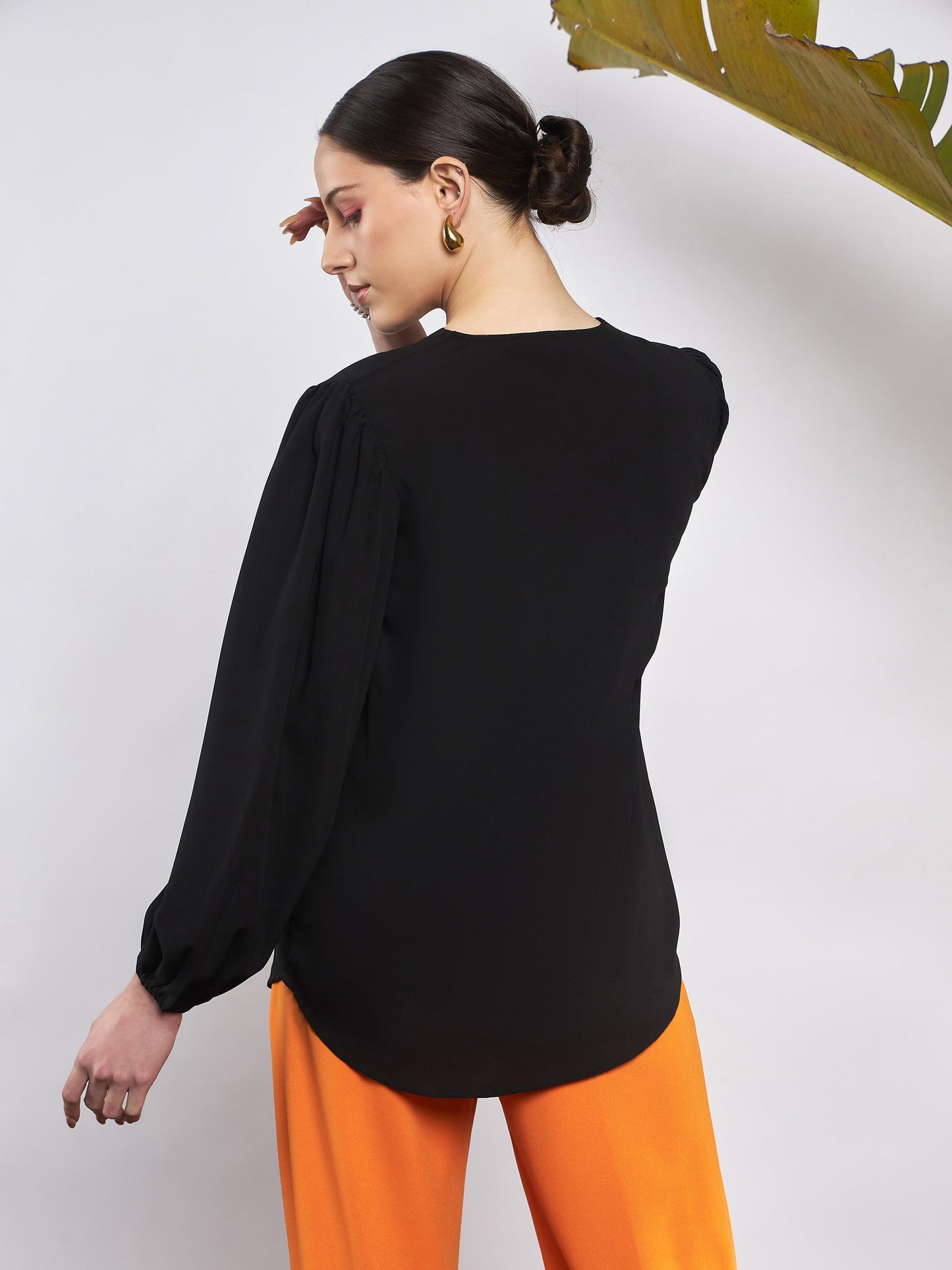 Black Puff Sleeves V-Neck Blouse