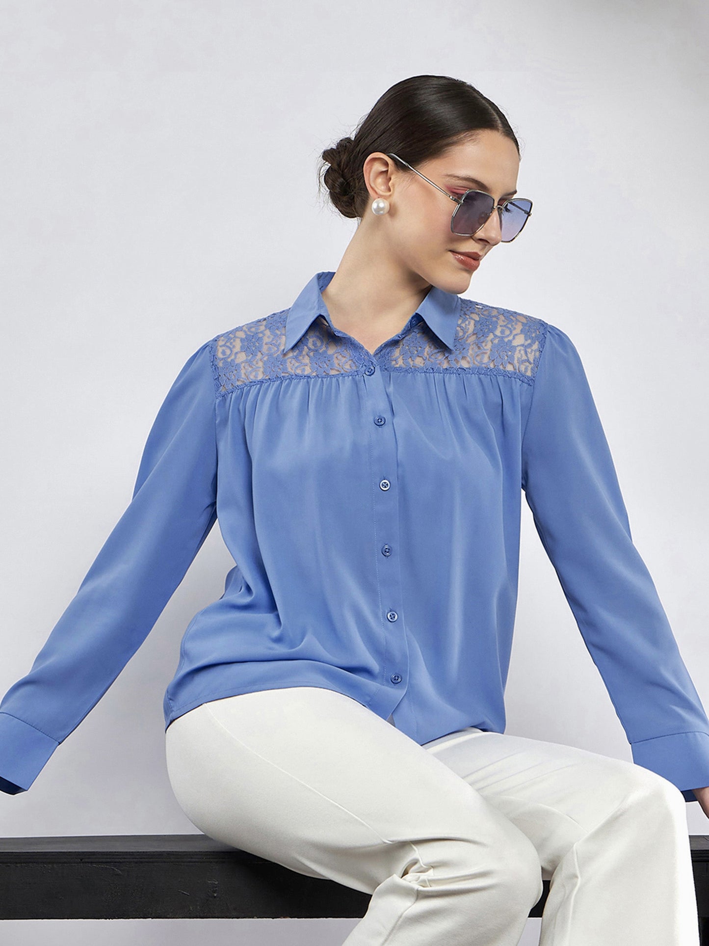 Dull Blue Lace Detail Blouse