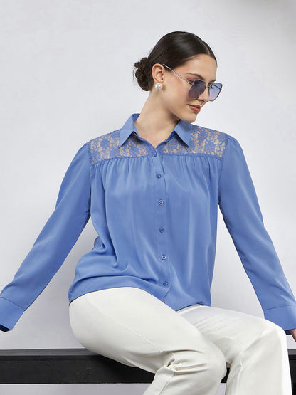 Dull Blue Lace Detail Blouse