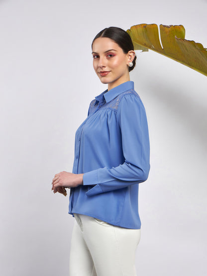 Dull Blue Lace Detail Blouse