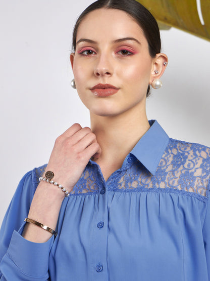 Dull Blue Lace Detail Blouse
