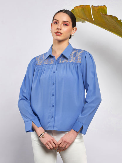 Dull Blue Lace Detail Blouse