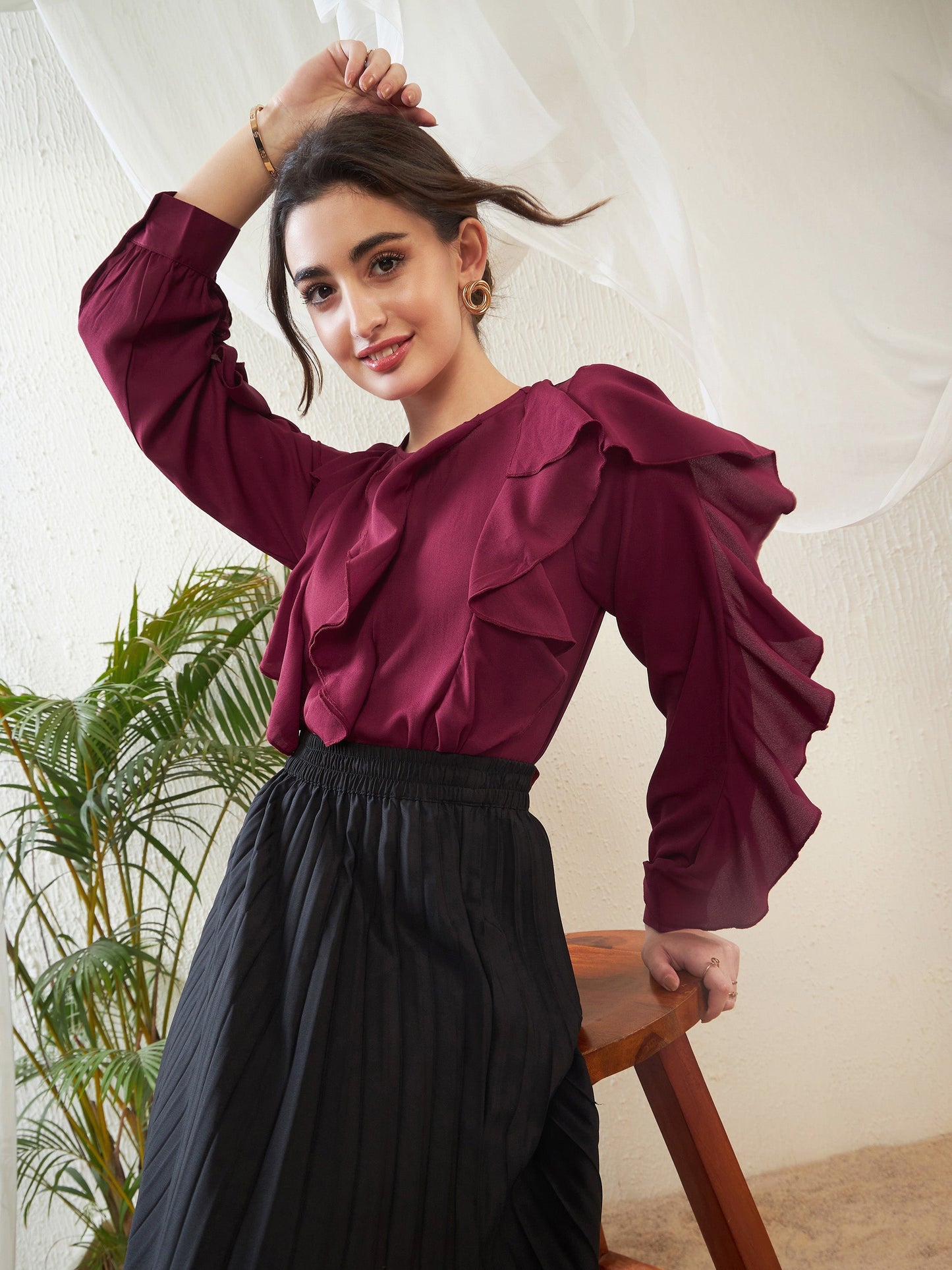 Maroon Full Sleeves Ruffle Top