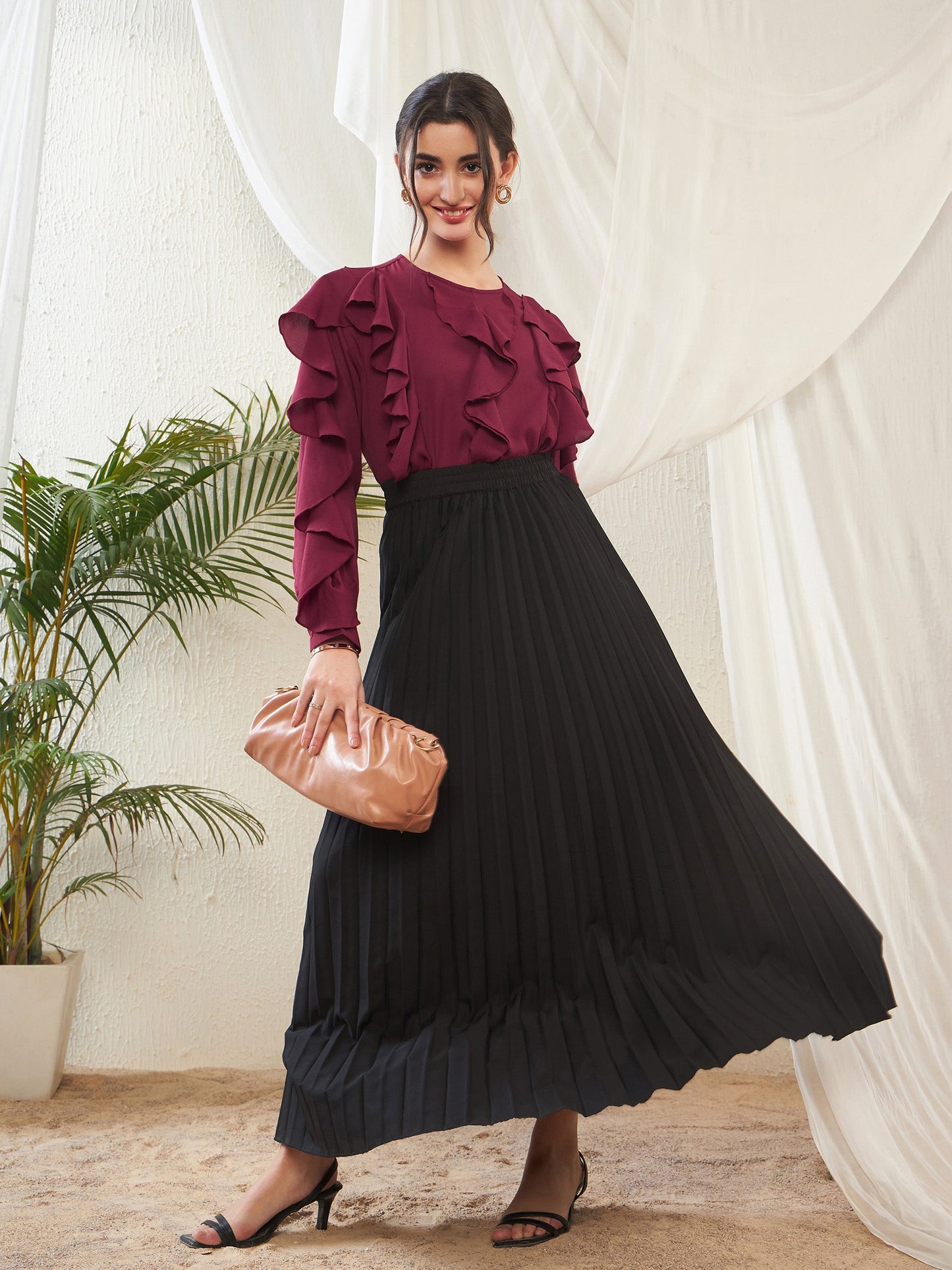 Maroon Full Sleeves Ruffle Top