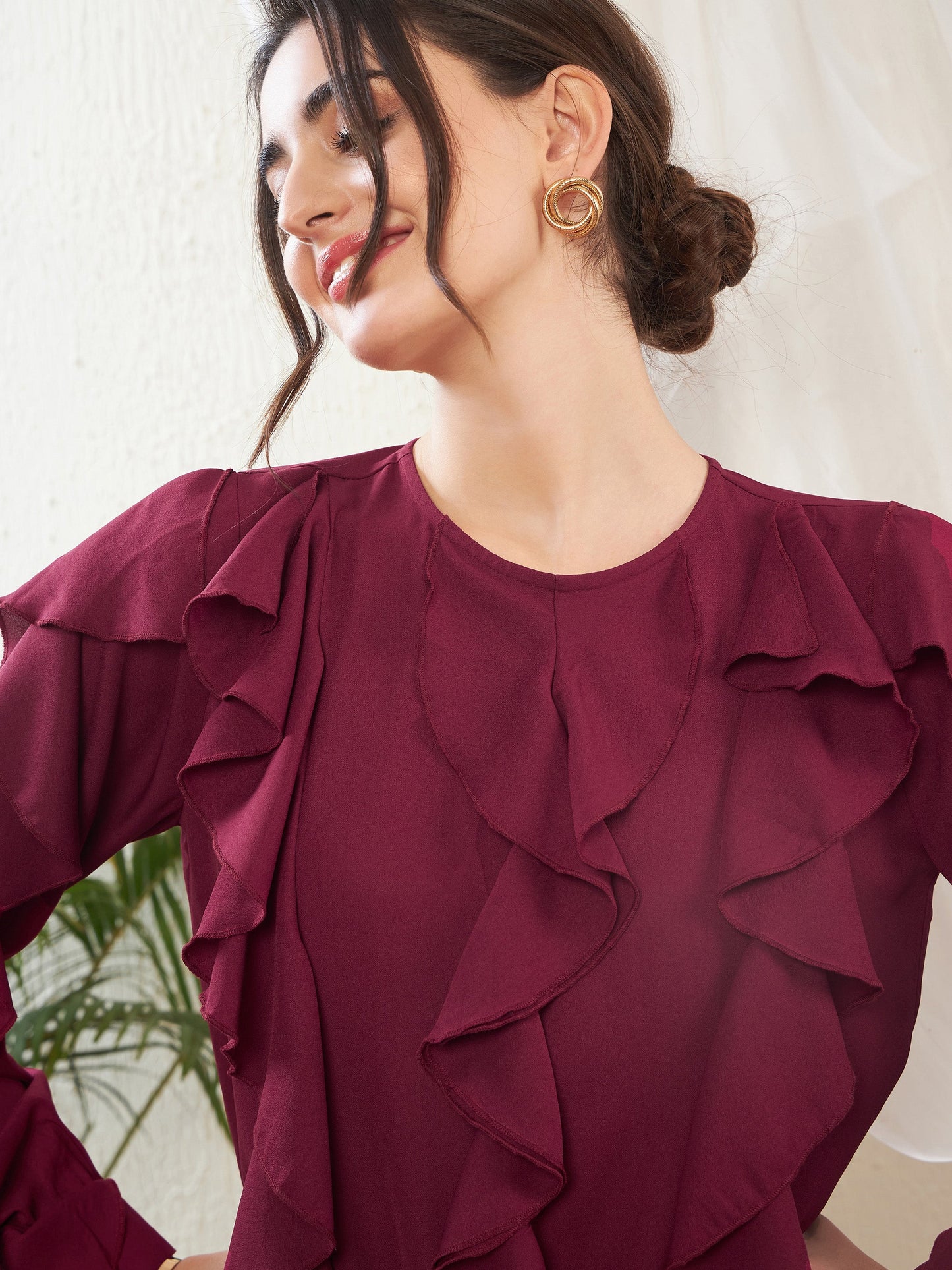 Maroon Full Sleeves Ruffle Top