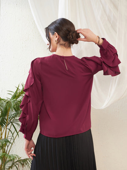 Maroon Full Sleeves Ruffle Top