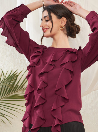 Maroon Full Sleeves Ruffle Top