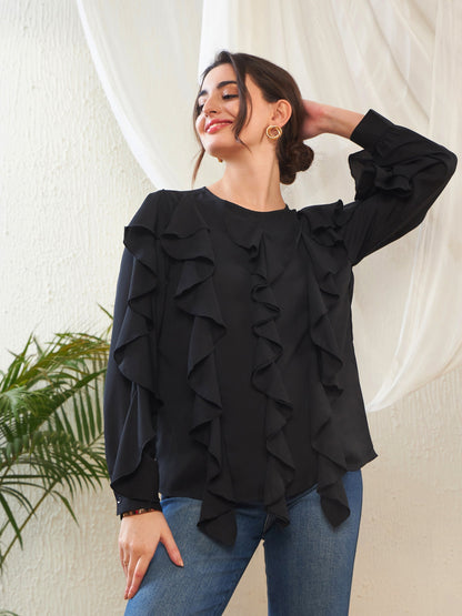 Black Full Sleeves Ruffle Top