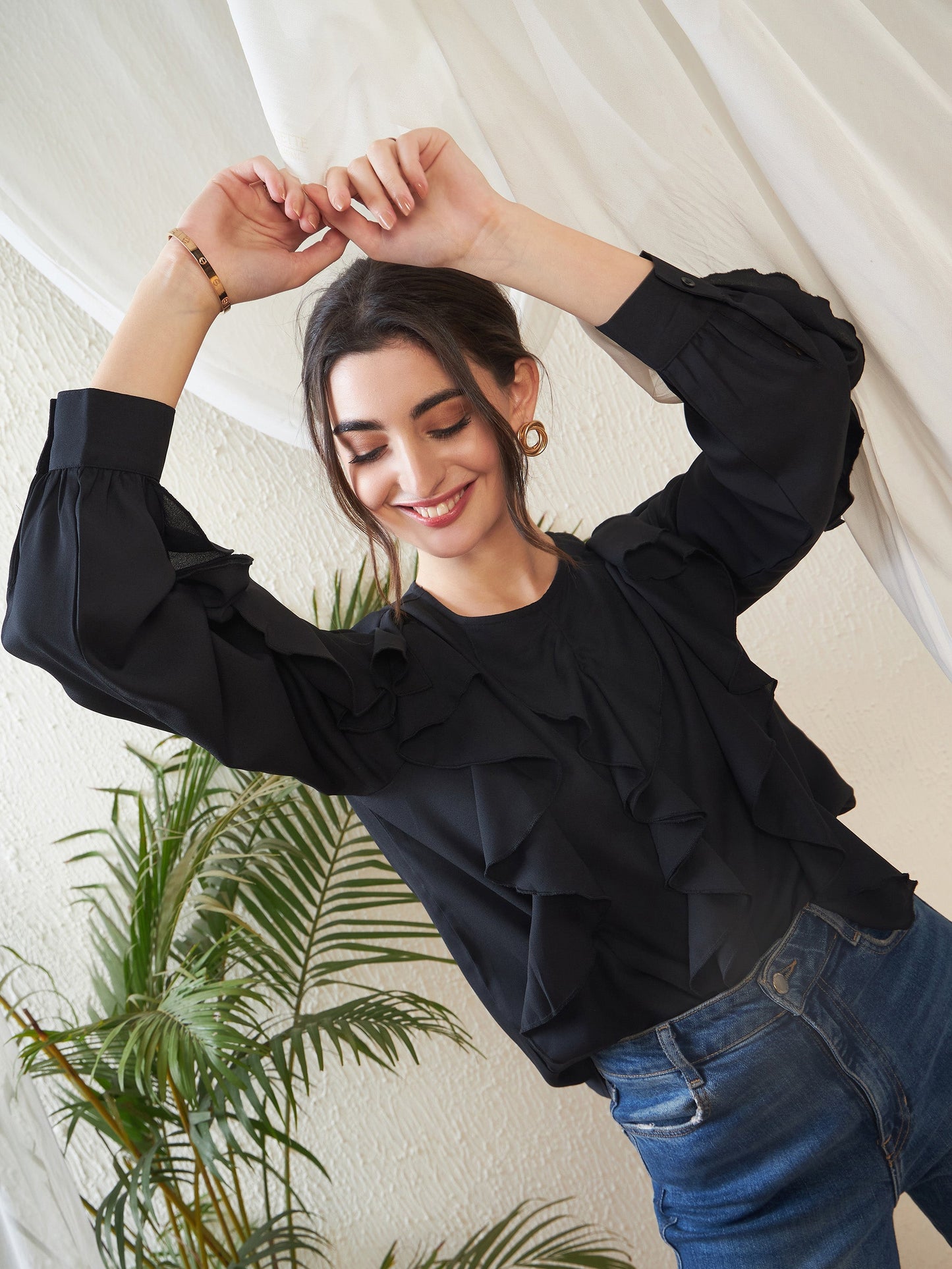 Black Full Sleeves Ruffle Top