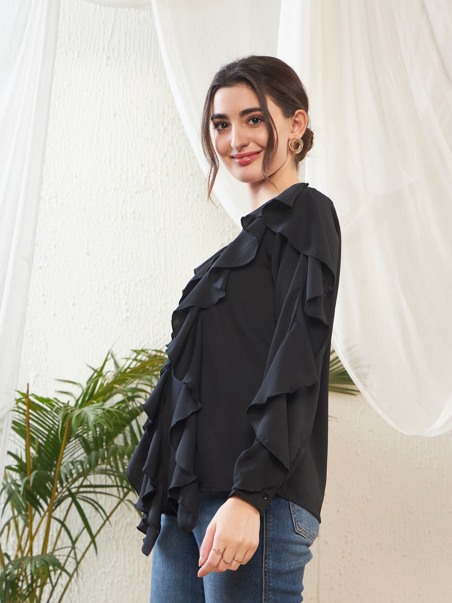 Black Full Sleeves Ruffle Top