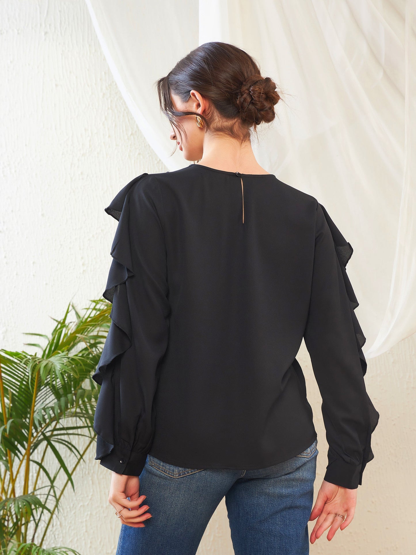 Black Full Sleeves Ruffle Top
