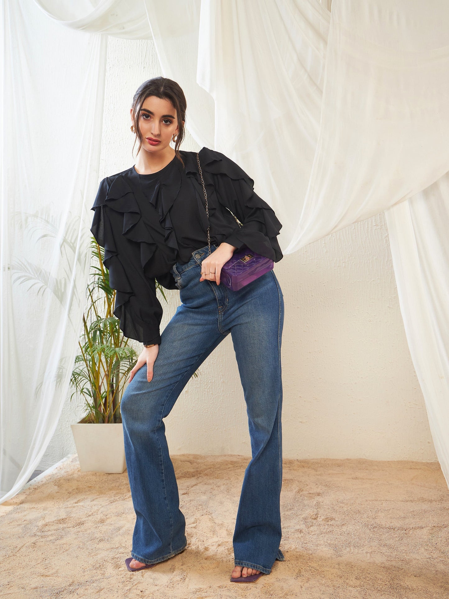 Black Full Sleeves Ruffle Top