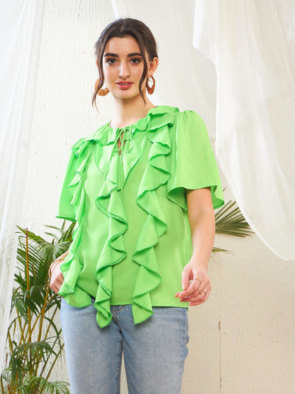 Green Short Sleeves Ruffle Top