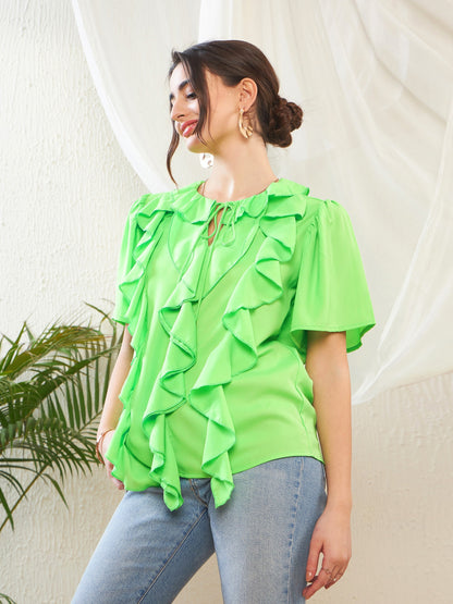 Green Short Sleeves Ruffle Top