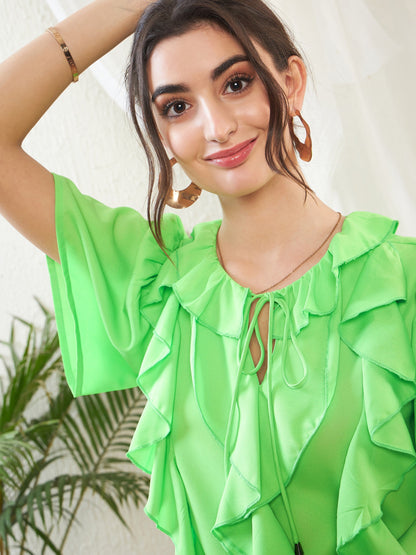 Green Short Sleeves Ruffle Top